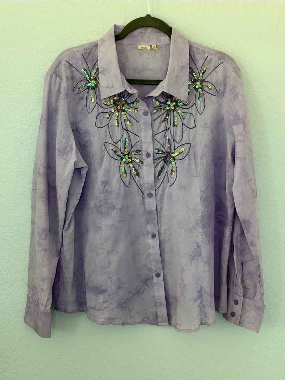 Reba Women’s XL Purple Tie Dye Sequin Embroidered Floral Button Down Shirt